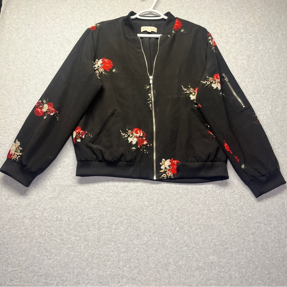 Philosophy Satin Floral Bomber‎ Jacket Full Zip Black Red Roses size L